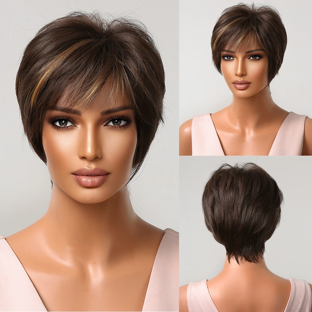 

Short Pixie Cut Wig with Highlight Straight Chocolate Brown Synthetic Wig for Black Women Cosplay Daily Heat Resistant Hair Wigs
