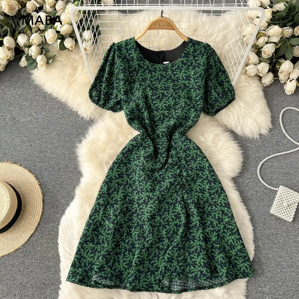 

Vintage French Print Short Dress Women 2022 Summer New O-neck Slim Waist Midi Elegant Streetwear Midi Robe Vestidos