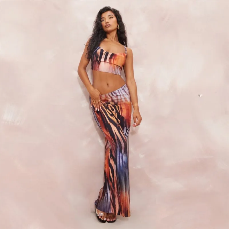

Женская пляжная одежда 2023, одежда для плавания, накидка с принтом, плиссированный топ из двух частей на бретельках, облегающая юбка, однотонный купальник из полиэстера