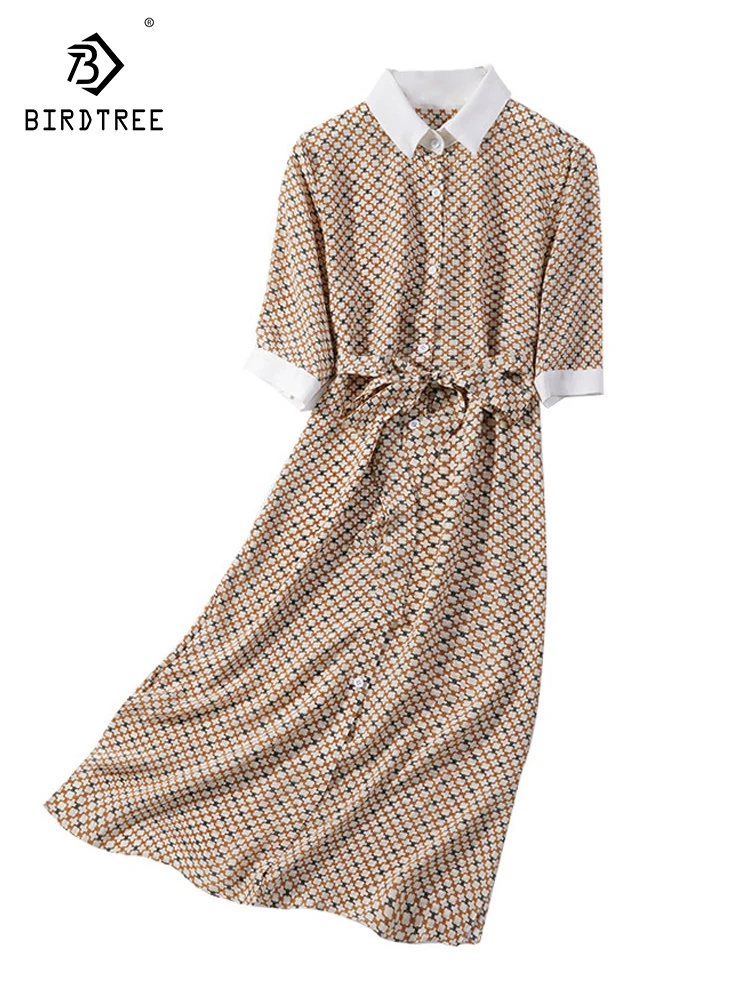 Birdtree 100%Mulberry Silk Women's Half Sleeve Dress Turn-down Collar Long Shirt Dress Vintage Printed With Belt L XL D37490QC