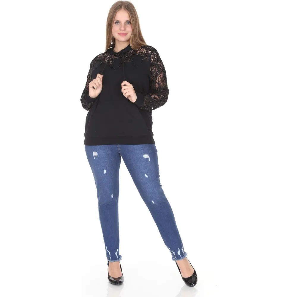 

Dorlie Lir Women 'S Long Sleeve Lace Detail Hooded Sweatshirt Black L2317