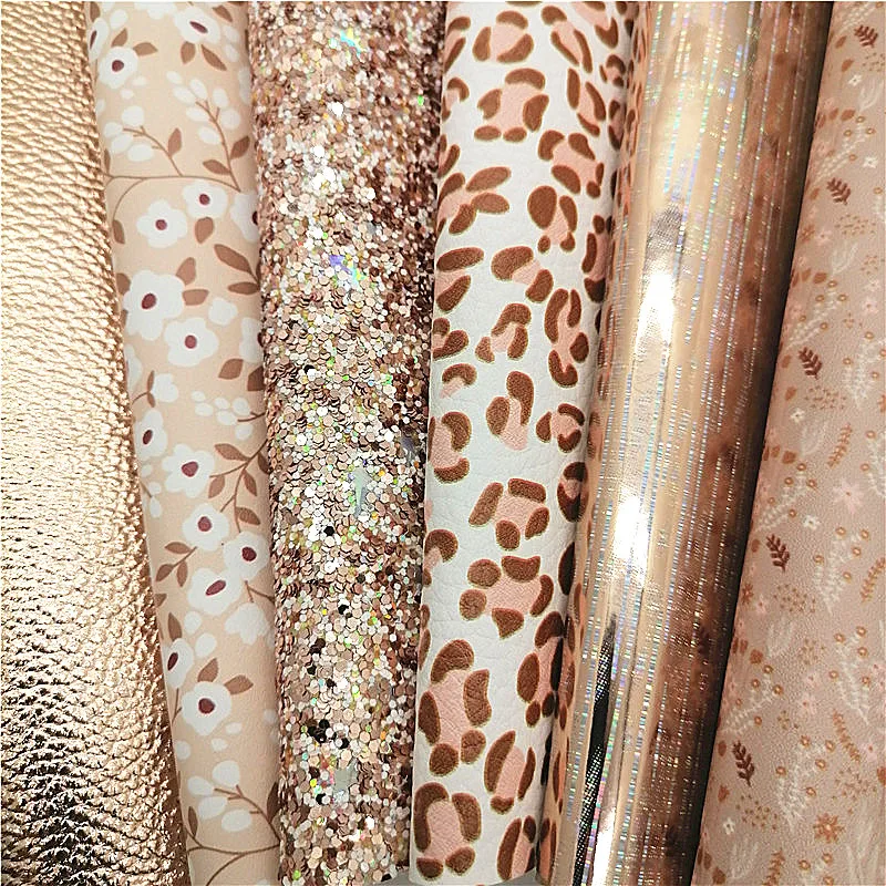 Gold Leather Sheets Flowers Leopard Printed Synthetic Leather Iridescent Faux Leather Litchi DIY Craft Sheets Mini Rolls W273