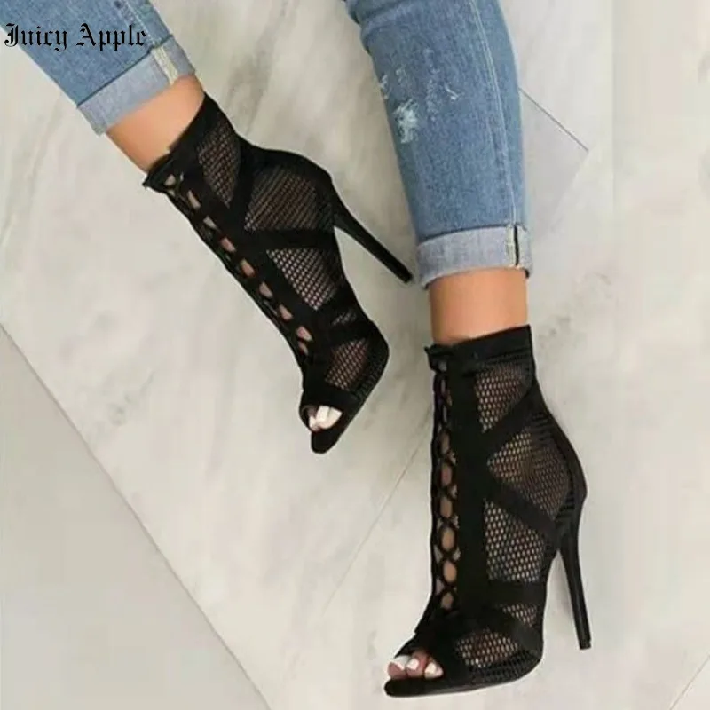 

Juicy Apple Heels Women's Black Mesh Cross Strap Sandals Large Size Fish Mouth High Heel Shoes For Women 2022 Summer Girls Shoe