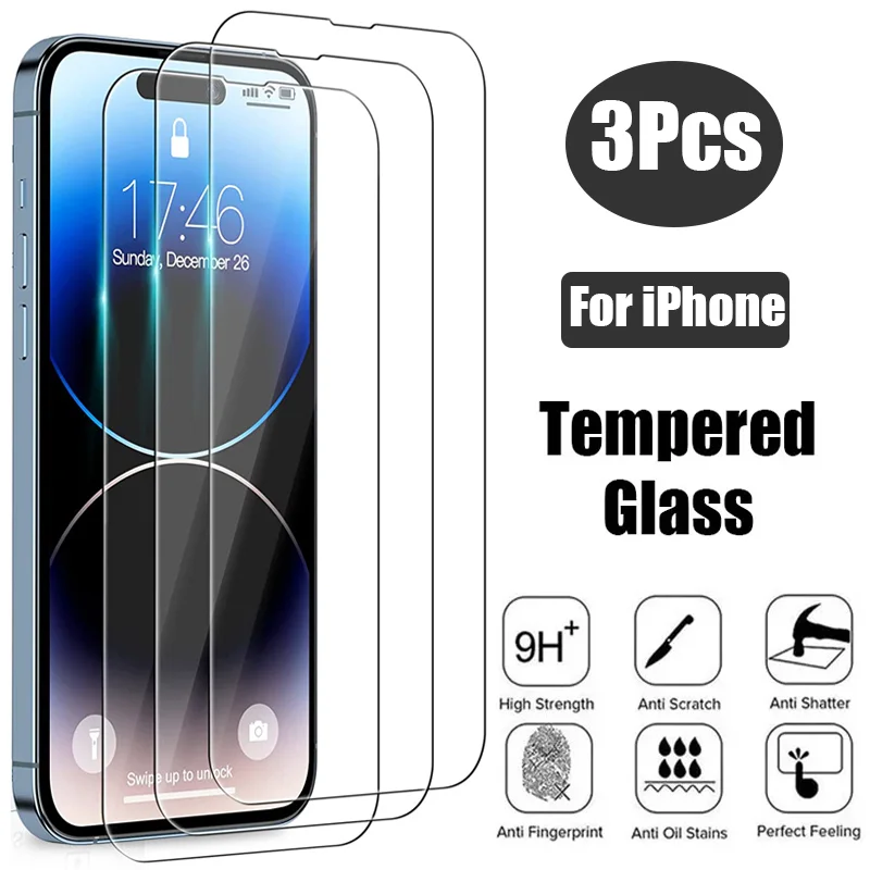 

Защитное стекло, закаленное стекло для iPhone 15 11 14 13 12 Pro Max Mini 7 8 6 6S Plus SE 2020 X XR Xs Max 9H, 3 шт.