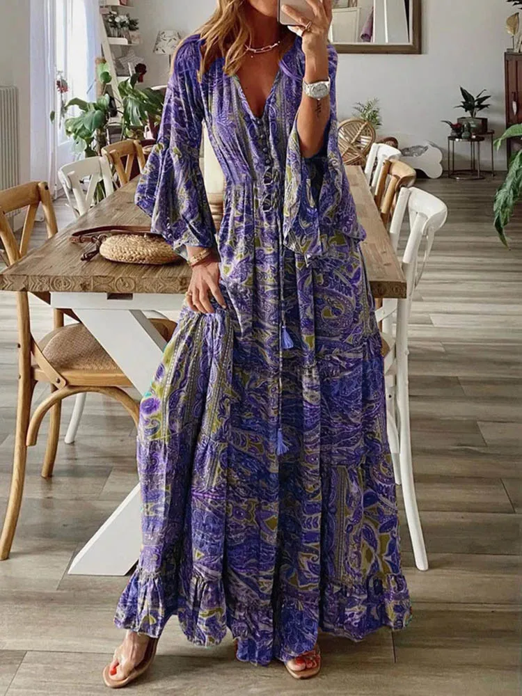 

2023 New Women Bohemian Flare Sleeves Printed V-Neck High Waist Holiday Dress Fragmented Flower Women's Long Dress