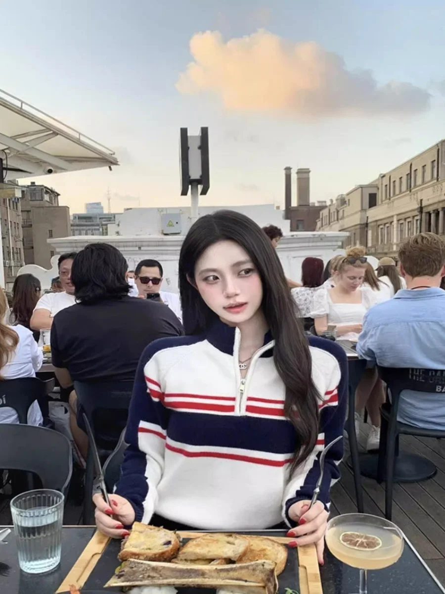 Американский винтажный вязаный женский осенний топ на половину молнии