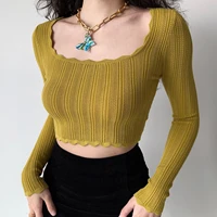 womens square neck long sleeve knitted t shirt spring summer casual solid color slim crop sweater lady knitwear top