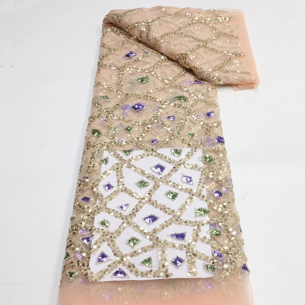 

African Crystal Sequence Lace Fabrics 2022 High Quality Embroidery Hand Beaded Tulle Lace With Pearls For Bridal LY1700