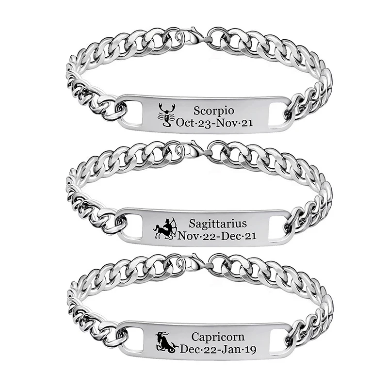 

Серебряный браслет с 12 знаками Зодиака, кубинская цепь из нержавеющей стали, регулируемые браслеты для женщин и мужчин, ювелирные изделия с созвездиями