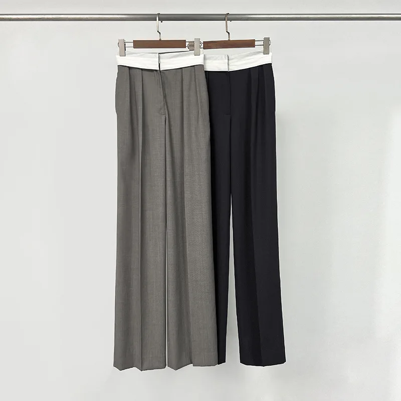 Paneled Deep Pleated Wide Leg Straight Trousers Commuter Casual Pants Trousers for Women