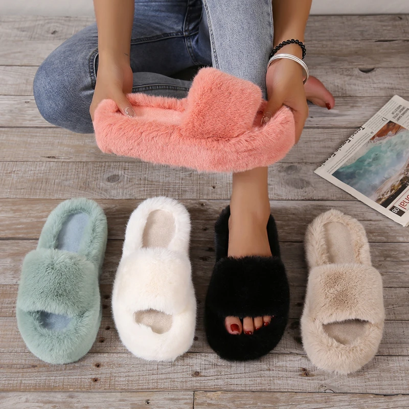 2023 Daughter Quality Luxury One Word Thick Sole Warm Plus Velvet Home Women Shoes Plush Open Toe Cotton Slippers Free Shipping
