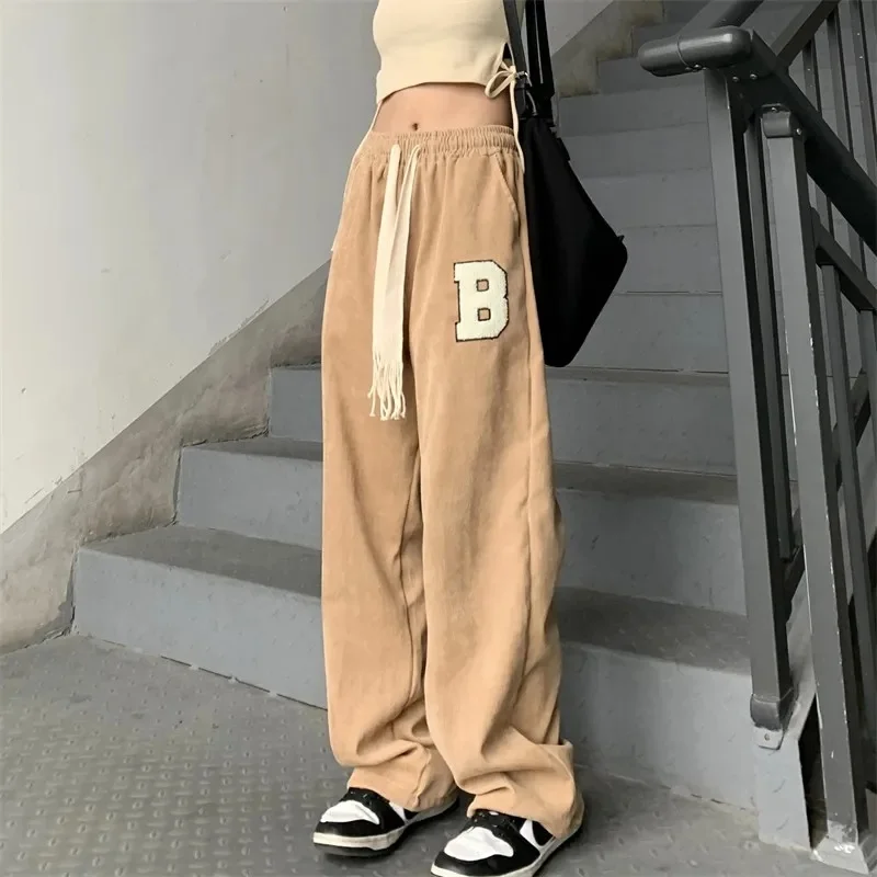 

BABYOUNG Loose Streetwear Wide Leg Pants Women High Waist Elastic Sweatpants Summer Lace Up Bf Harajuku Straight Trousers New