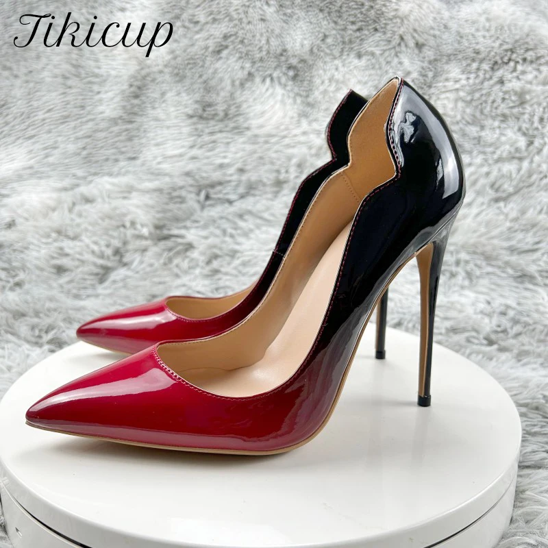 

Tikicup Gradient Glossy Black Red Women Side Curl Cut Pointy Toe High Heel Shoes Elegant Slip On Stiletto Pumps for Dress Suit