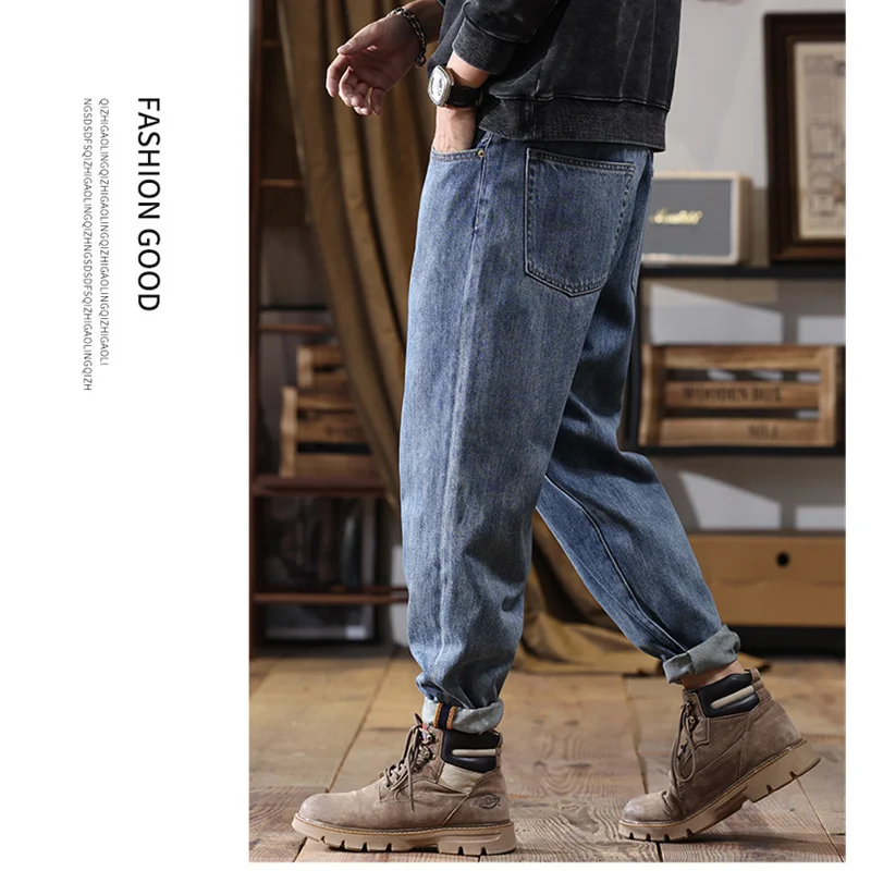 Men Clothing 2022 Autumn and Winter New Style Vintage Versatile Straight Haren Pants Loose Recreational Temperament Jeans Female