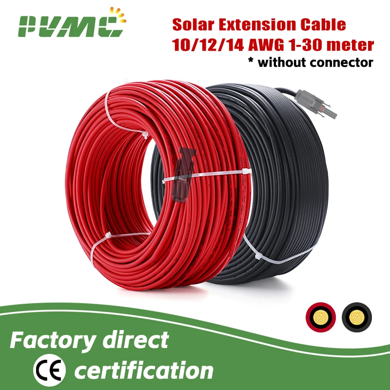 Free Shipping solar pv cable Panel Stecker wire Black+Red 2.5/4/6mm2 with 1M 5M 15M 30M Solar PV Wires Connectors 10/12/14 AWG