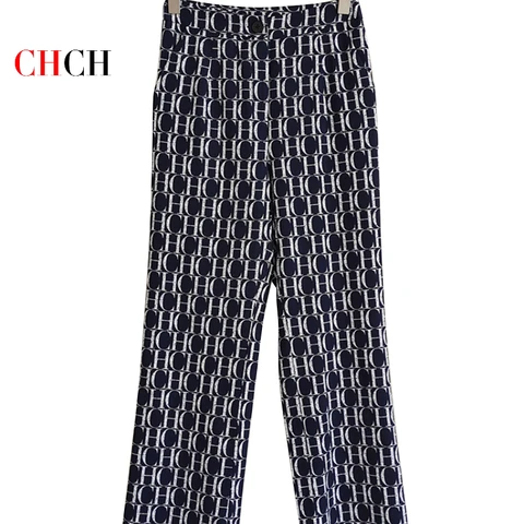 CHCH 2023 Women's Shirt set Fashion Spring Summer Women Blue Beading Diamonds Letters Printed Shirt High Waist Pants Elegant Set