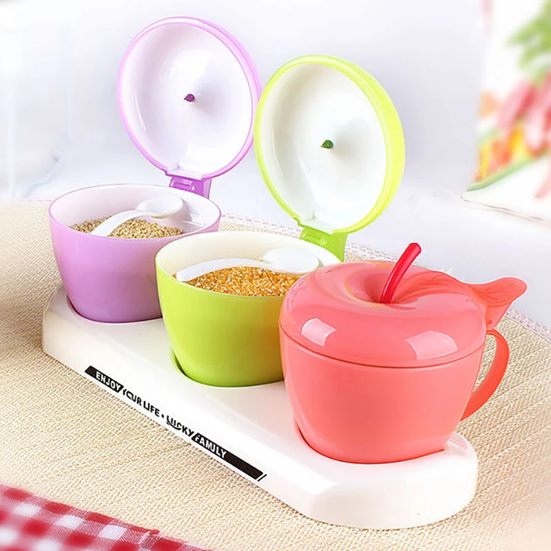 

2/3 Pcs 305ml Kitchen Plastic Apple Shape Salt Cute Pepper Seasoning Spice Jar Powder Sugar Condiments Storage Container Spoon