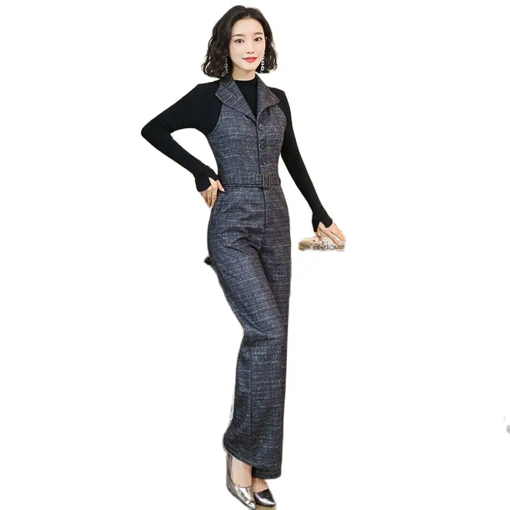 

Womens Woolen Overalls Wool Sleeveless Jumpsuit For Office Lady Elegant Business Romper Wide Leg Pants Fashion Spring Clothing