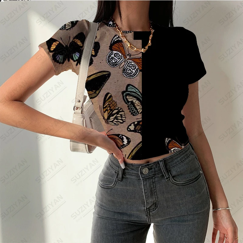 

New women's round neck short sleeved T-shirt with tight fitting color matching 3D printing summer street women's breathable top
