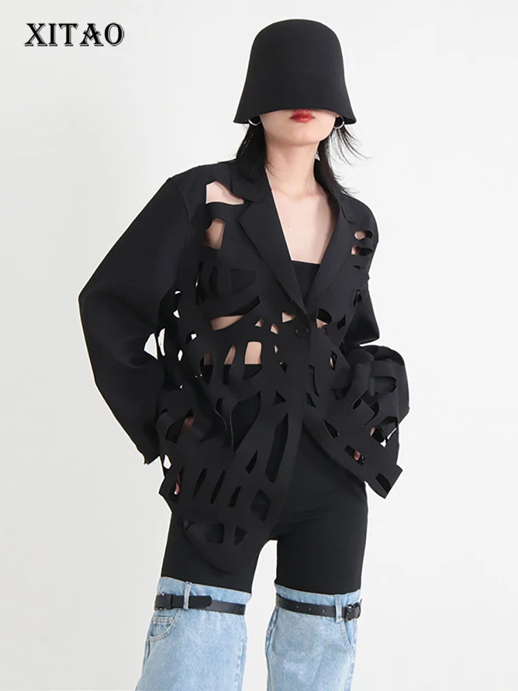 

XITAO/черный модный Женский блейзер с перфорацией, свободный уличный трендовый топ с длинными рукавами, универсальный Блейзер, пальто, WLD11575