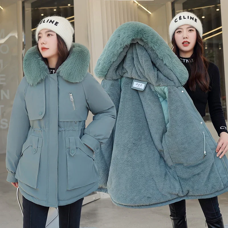 

Новая пуховая хлопковая куртка для женщин с большим меховым воротником и приталенной талией, трендовая парка