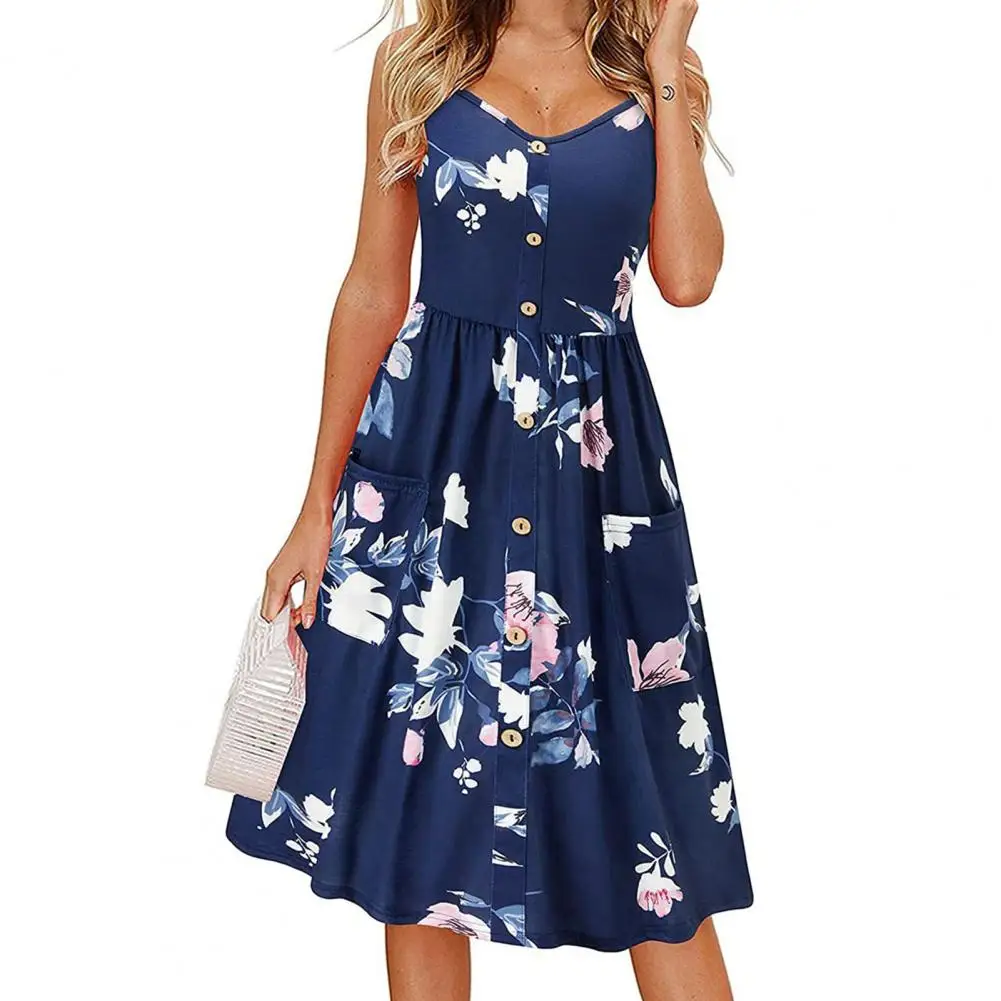 

Summer Dress Women 2022 Colorful Backless Tight Waist Deep V Neck Flower Print Sleeveless Casual Dress Female Clothes