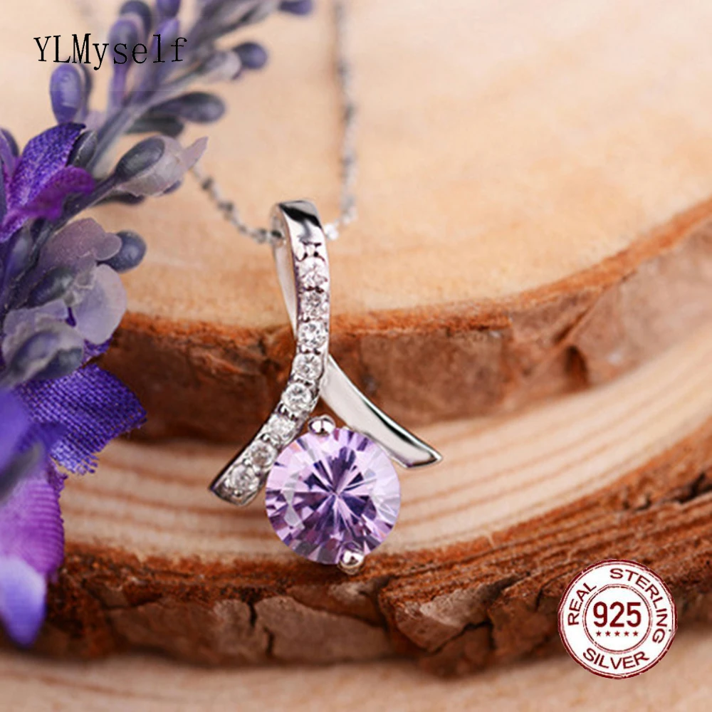 

Real 925 Silver Cute Pendant With 6mm Round Cubic Zircon Beautiful Necklace Purple/White Color Lovely Fine Jewelry For Women