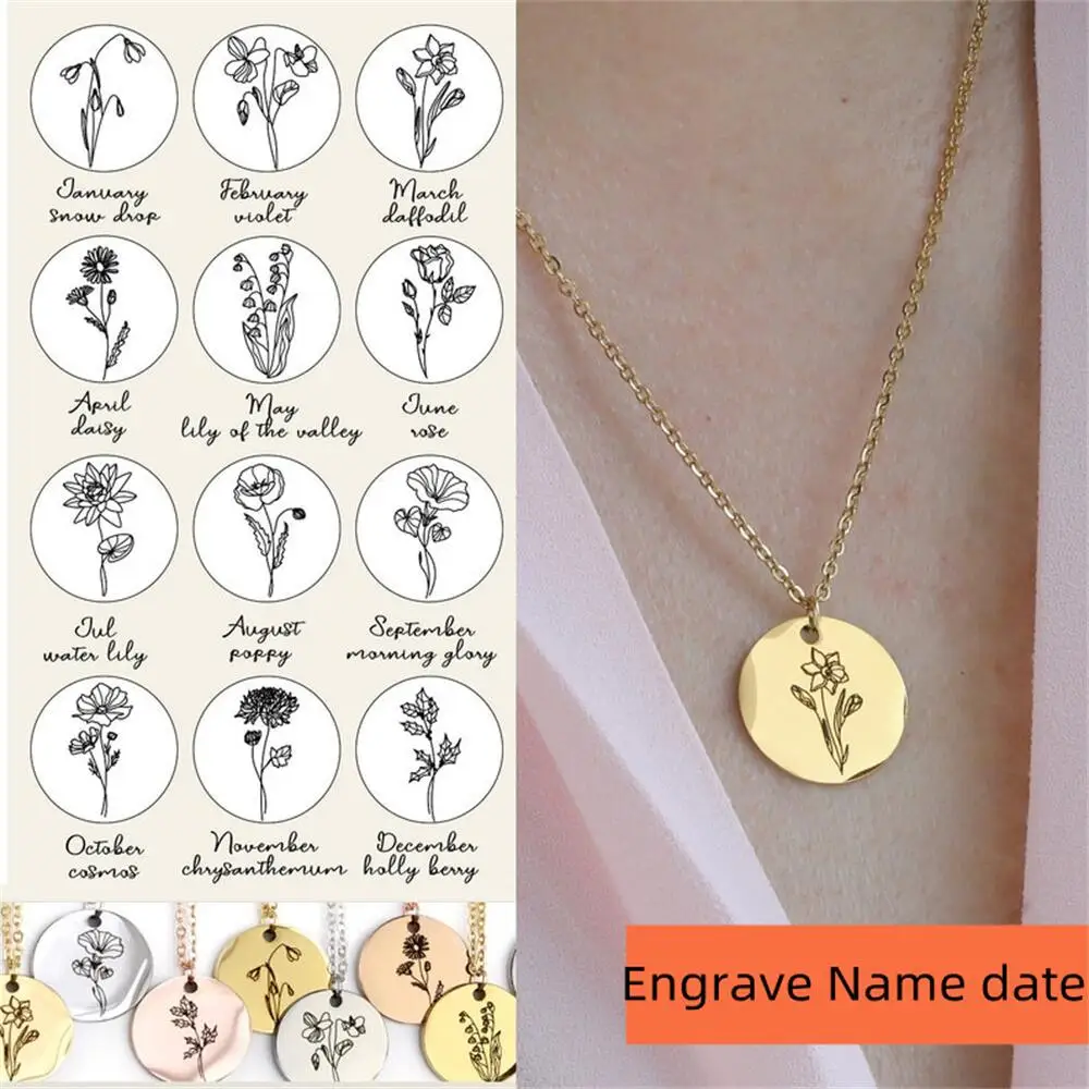 Customized Birth Flower Necklace with Birth Stone Engraved Name Date ID Stainless Steel Round Pendant Birthday Gift