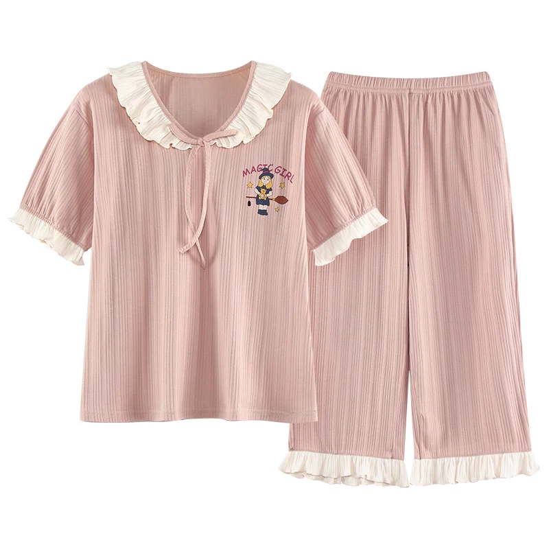 

Newest knited cotton pajamas women's short-sleeve sleepwear loose two-piece set summer female home wear