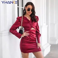 sexy hollow out womens mini dress lantern sleeve satin party club dresses deep v neck bodycon ruched dress outwear