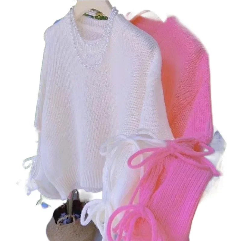 Осенний однотонный вязаный топ ярких цветов с бантом и круглым вырезом женский