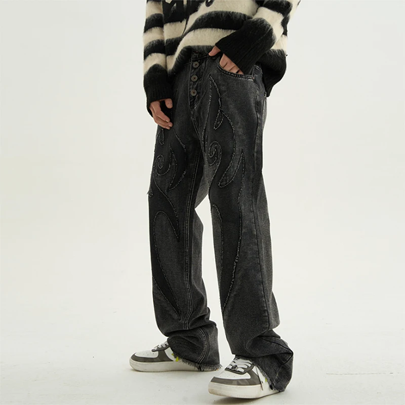 High Street Solid Color Patchwork Embroidery Casual Denim Trousers Men and Women's Elastic Waist Loose Jeans Trousers Streetwear