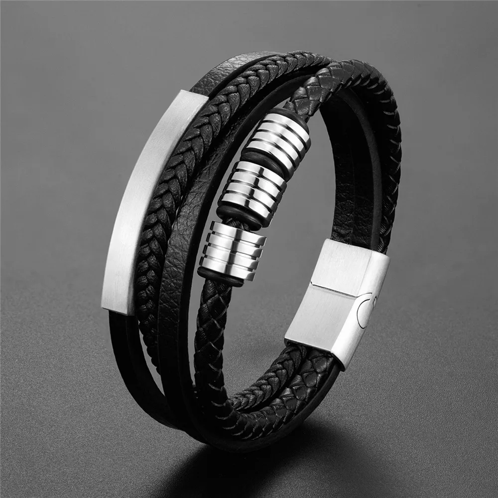 

Мужской плетеный браслет из титановой стали, многослойный кожаный браслет с магнитной пряжкой из нержавеющей стали, оптовая продажа