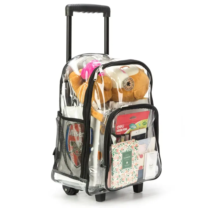 K-Cliffs Unisex Rolling Clear Backpack Heavy Duty Bookbag See-thru Daypack School Luggage with Wheels, Black