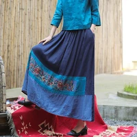 2022 chinese traditional skirt women cotton linen loose skirt retro flower embroidery elastic waist skirt elegant national skirt