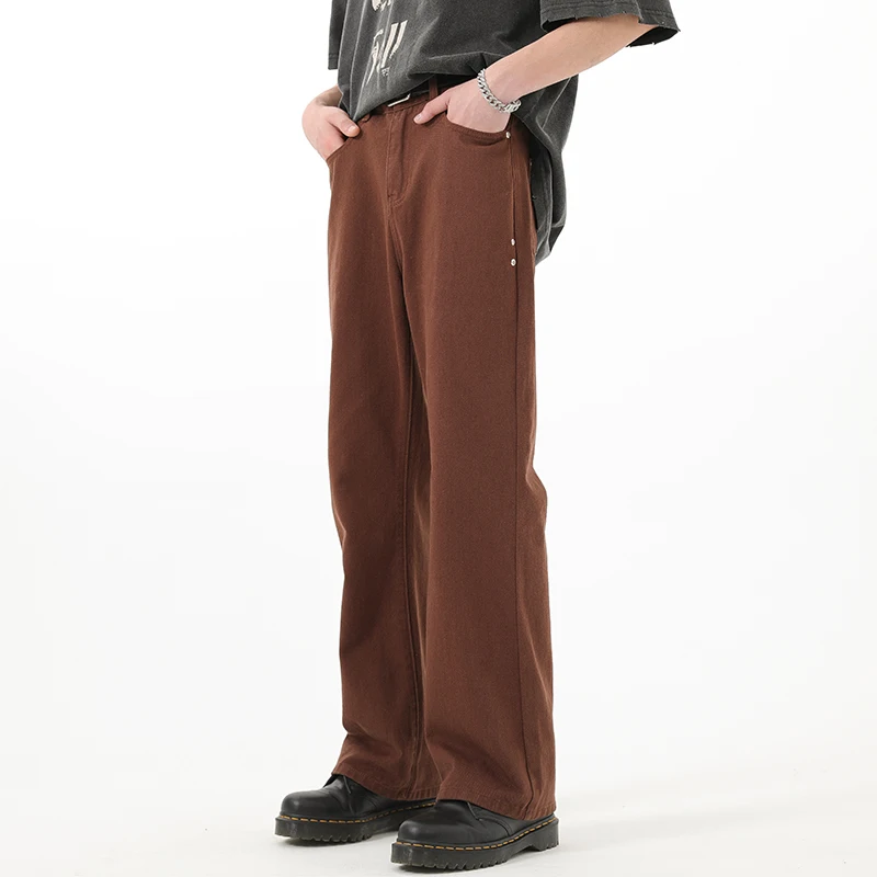 Coffee/Black Jeans Men Slim Fashion Casual Straight Jeans Mens Streetwear Korean Loose Denim Pants Mens Bell-bottom Trousers