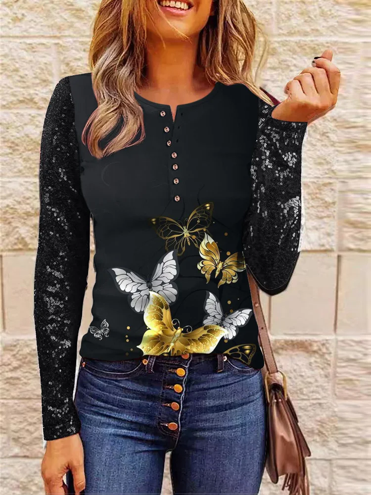 

Женский офисный Топ с длинным рукавом, блестящая блузка с блестками в стиле пэчворк, модная женская рубашка в стиле ретро с принтом бабочек ...