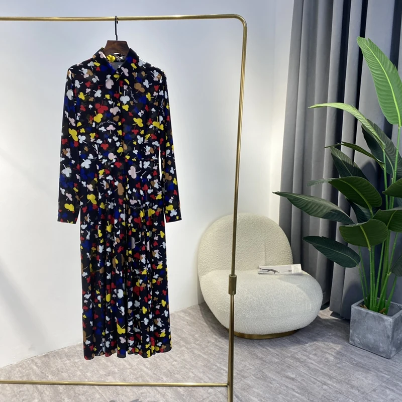 

100% Crepe Silk Pleated Top Quality Colorful Clover Print Turn-down Collar Long Sleeve Women Mid Dress 2022 Spring New