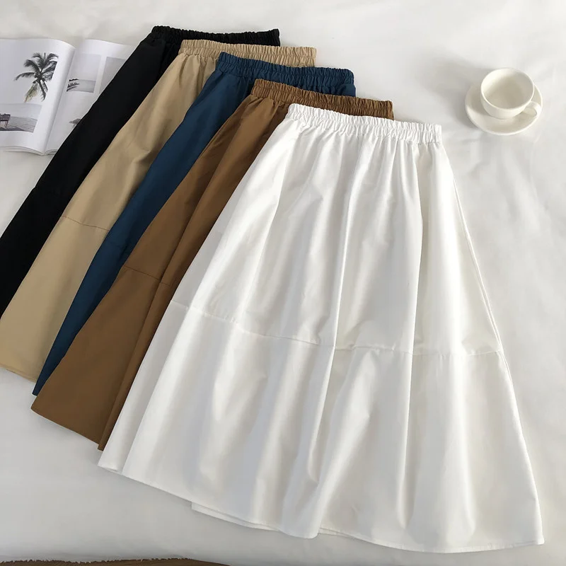 

2022 Women Summer A-Line White Long Skirt Stretch High Waist Women Solid Color Elegant White Cotton Skirt Femme Faldas Jupe Saia
