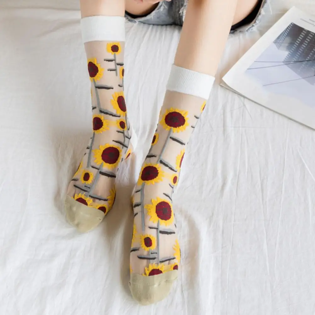 

Transparent Breathable Embroidery Flower Leaves Summer Socks for Daily Wear