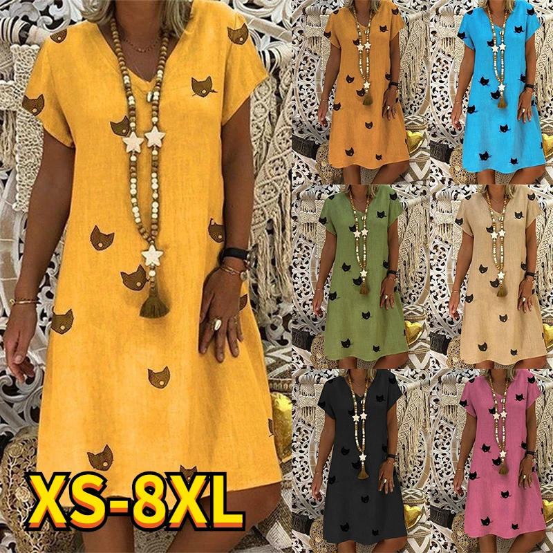 

2022 Summer Women's Abstract 3D Printed Painting Cat Dress V Neck Fashional Casual Dress New Design Female Dress New 8XL