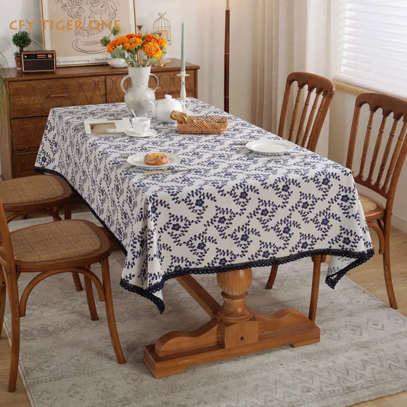 

Cotton Linen Blue Plum Blossom Tablecloth for Table Decorate Rectangular Tablecloth with Tassel Dining Table Cover Tea Cloth