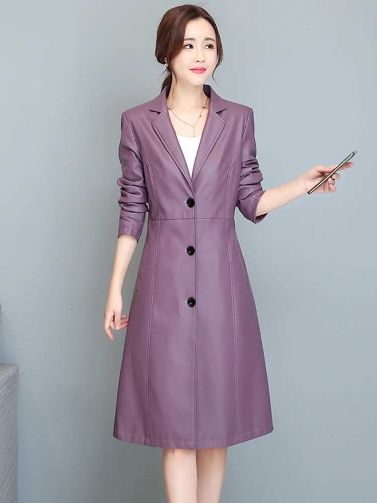 New Women Sheepskin Coat Spring Autumn Elegant Fashion V-Neck Slim Waist Leather Coat Light Green Long Blazer Split Leather