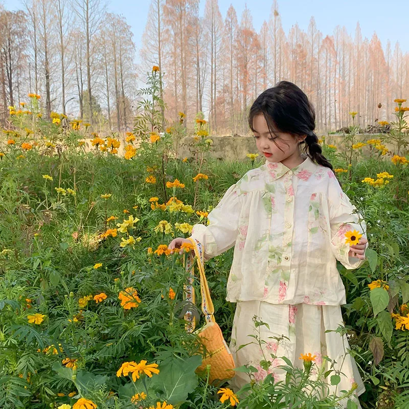 

2022 Spring Kids Clothes Floral Girls Sets Turn-down Collar Blouse and Casual Skirt 2Pcs Korean Girls Suit