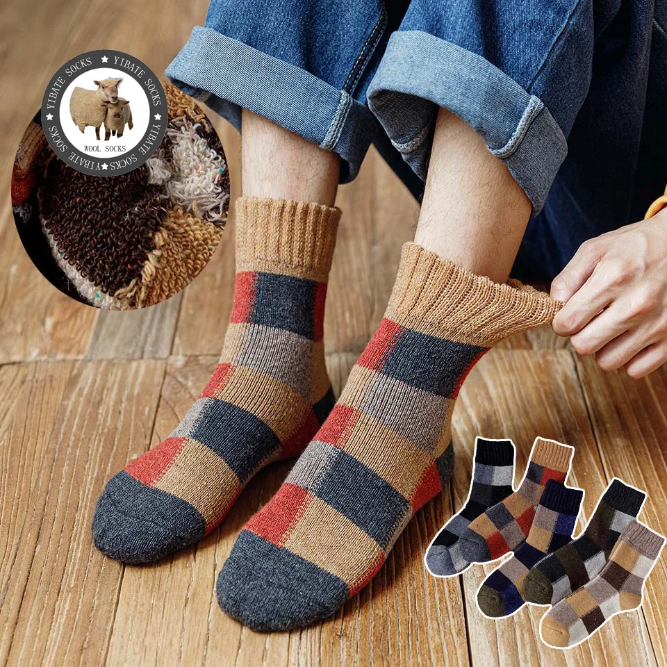 Winter Men's Wool Socks Thick Warm Harajuku Retro Large Size Plaid Casual Cashmere Long Merino Socks Men