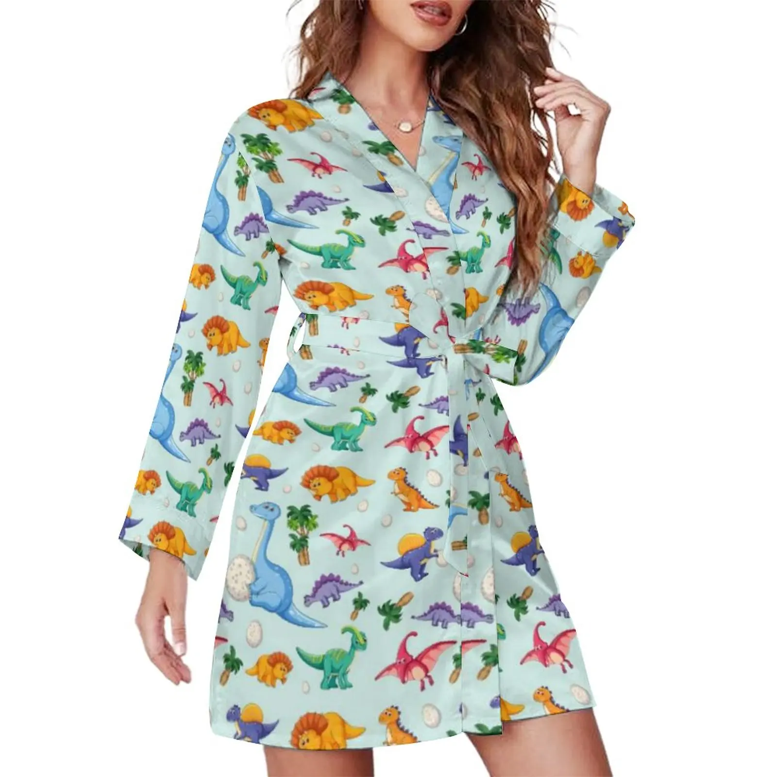 

Colorful Cute Dinosaurs Pajama Robe Womens Cartoon Dinos Jungle Sexy Nightgown V Neck Print Pajamas Robes Bedroom Dresses