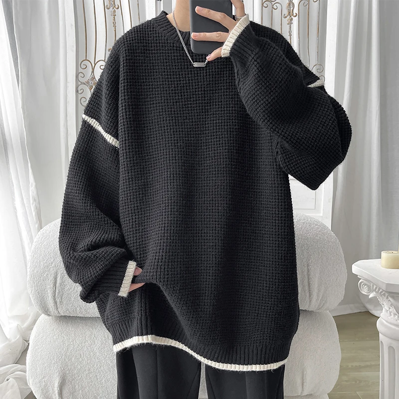 Spring and Autumn Oversized Loose Slouchy Coat Contrast Panel Sweater Men's Fashion Round Neck Underlay T-Shirt O-Neck Casual