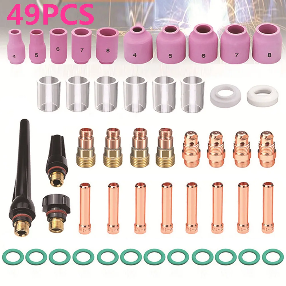 

49 шт. газовые линзы, глиноземная насадка с 10 стеклянными чашками из пирекса, практичные аксессуары, комплект сварочных горелок, аргоновый дуговой инструмент для WP TIG 17/18/26