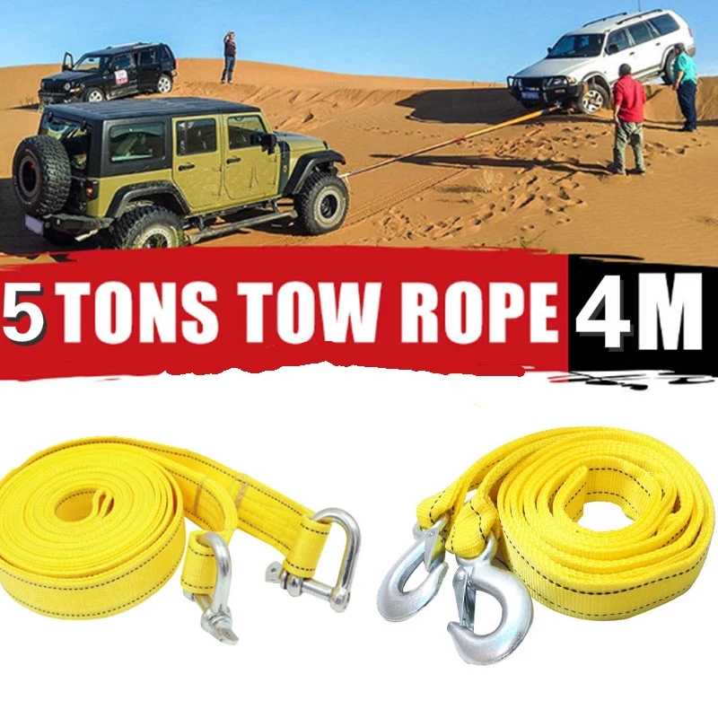 4M Heavy Duty 5 Ton Car Tow Cable Towing Pull Rope Strap Hooks Van Road Recovery U-hook