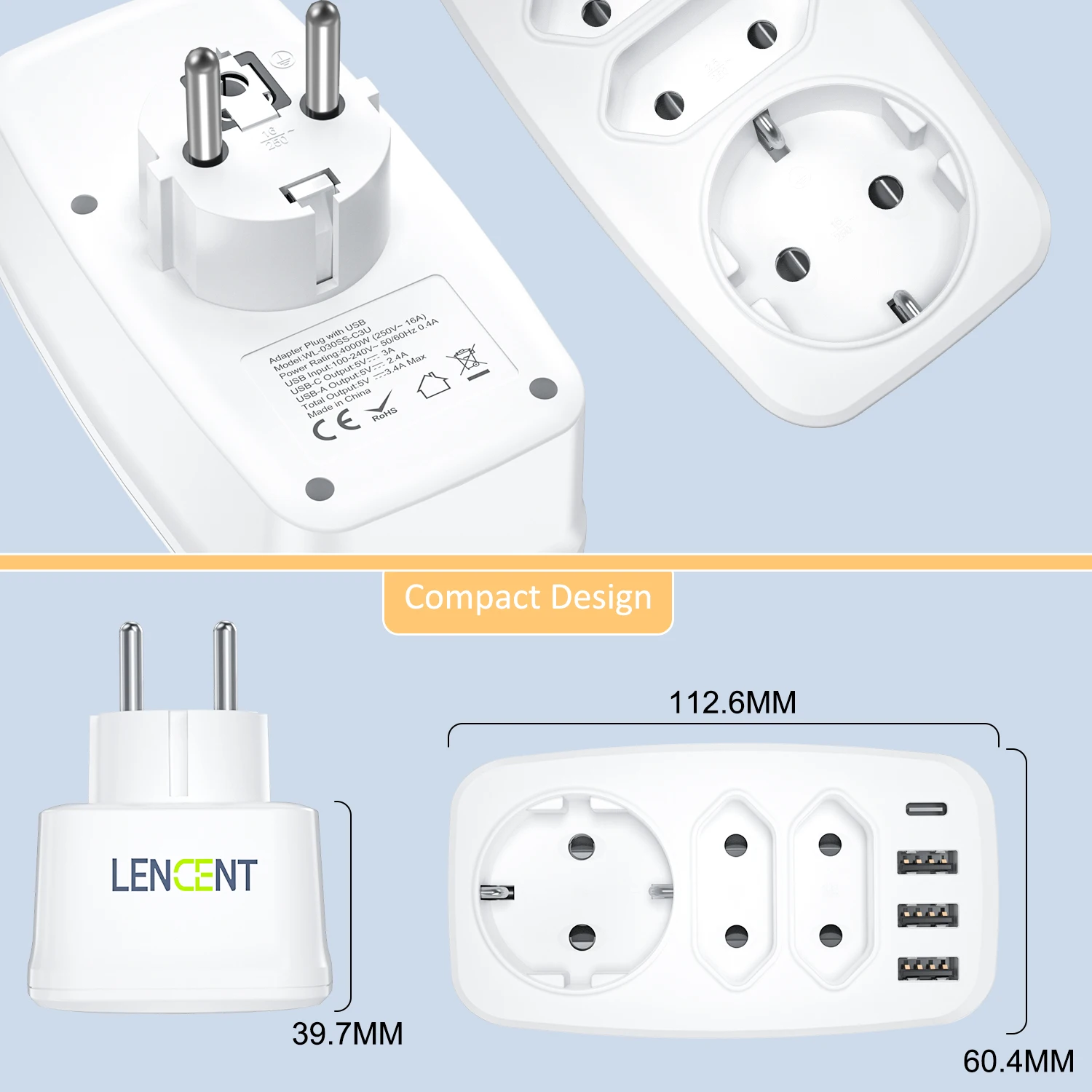 LENCENT Удлинитель розетки WL-030SS-C3U